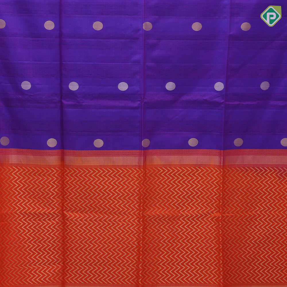 Emarald green silver gold zari round dots self gold zari border contrast orange pallu soft silk saree