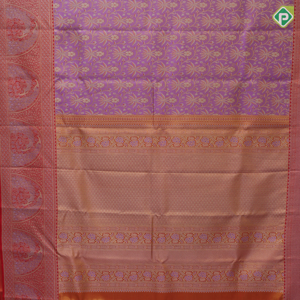 Lavender pink gold zari by zari tissue floral design red gold zari double peacock arch design border tissue bridal silk saree
