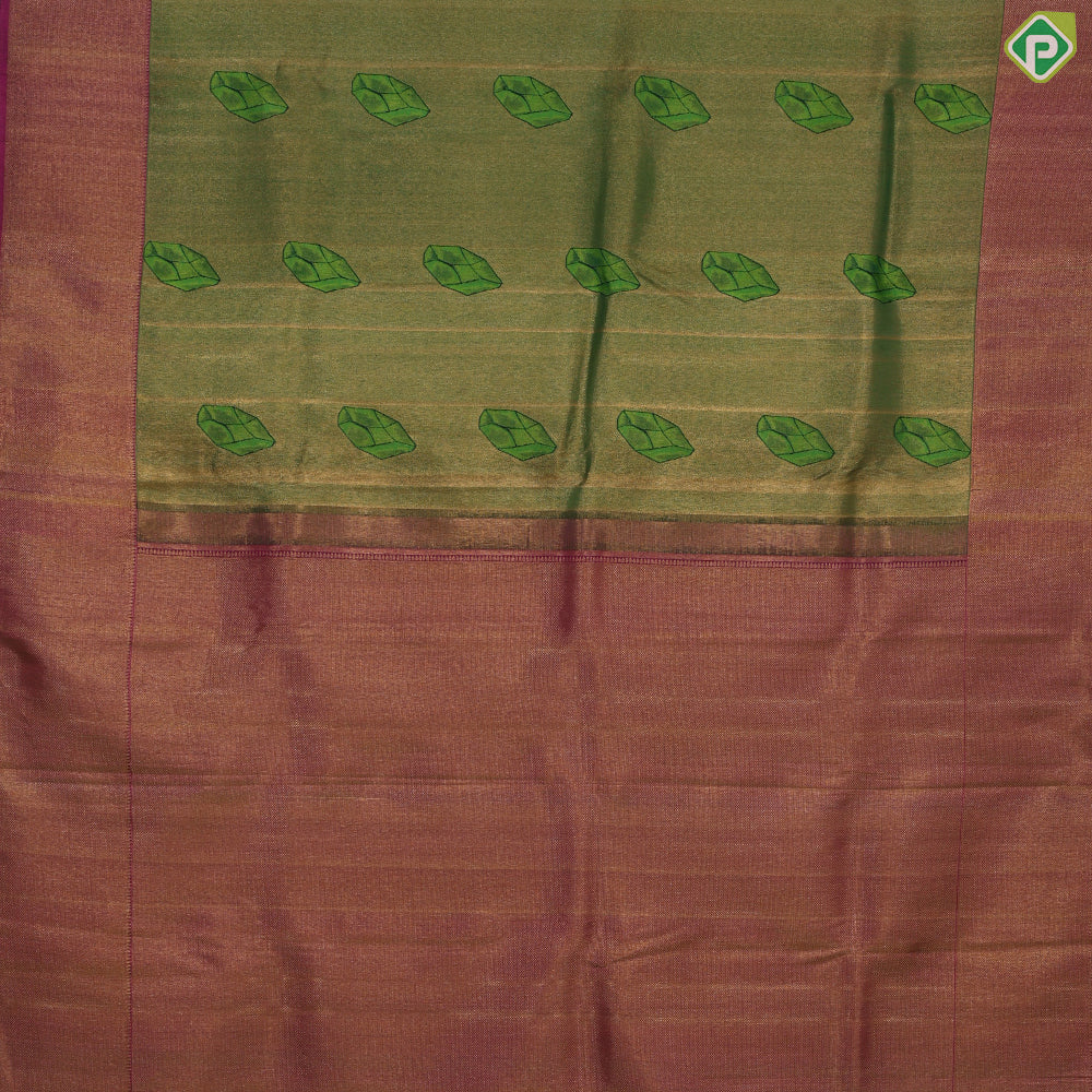 Olive green gold zari tissue weaved emerald silk butta design pink gold zari diamond border trendy tissue silk saree