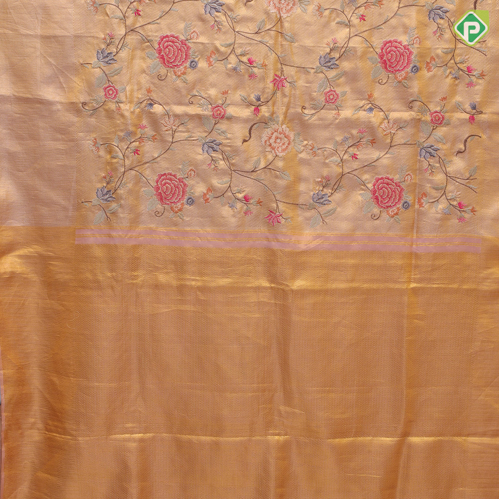 light Lavender gold zari with silk thread floral embroidered design plain gold zari zig zag border embroidery silk saree