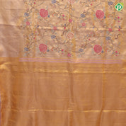 light Lavender gold zari with silk thread floral embroidered design plain gold zari zig zag border embroidery silk saree