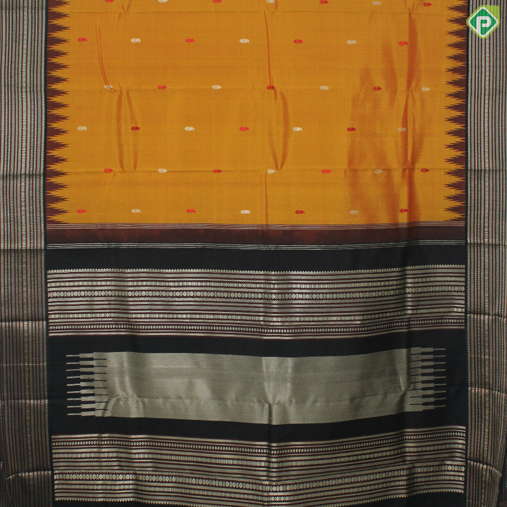 Mustard Mango and Flower Motif With Block Color Temple Design Border Traditional Silk Saree
