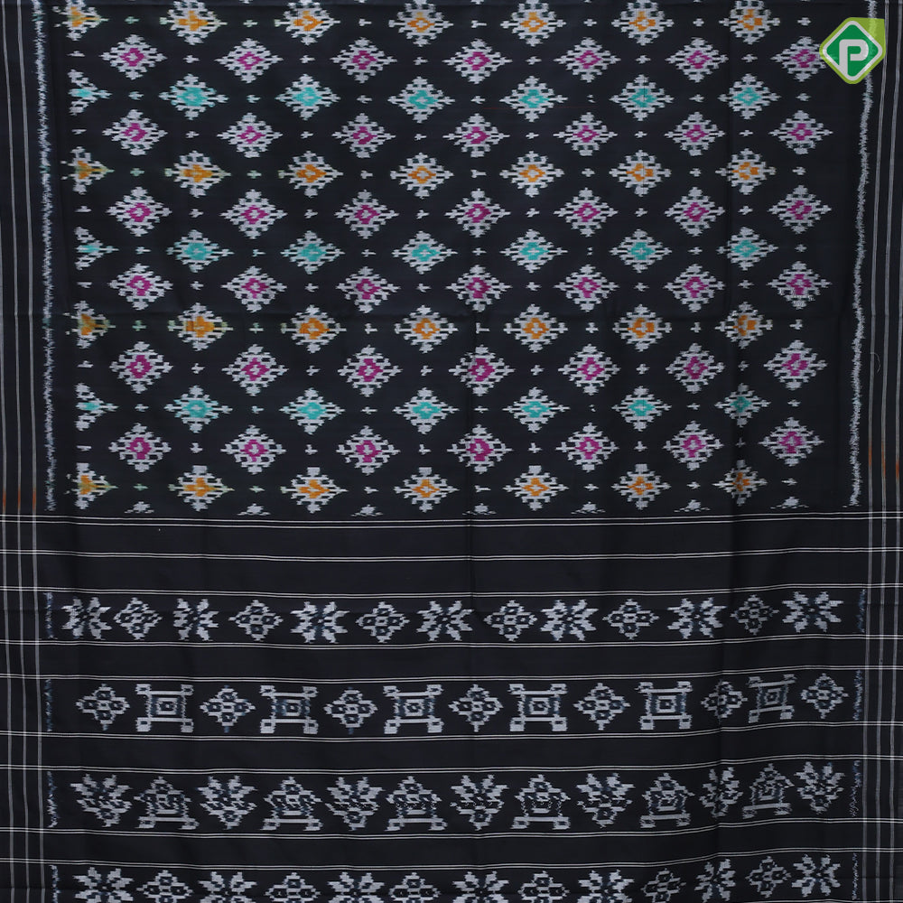 Black with multi color ikkat diamond design self white lines border ikkat poochampalli silk saree