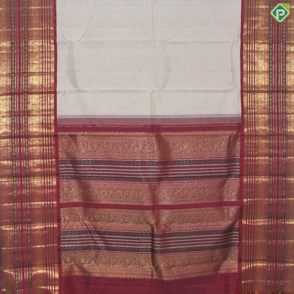 White Beige Gold Zari Lines And Small Motif With Maroon Peacock Ruthracham Design Border Traditional Silk Saree