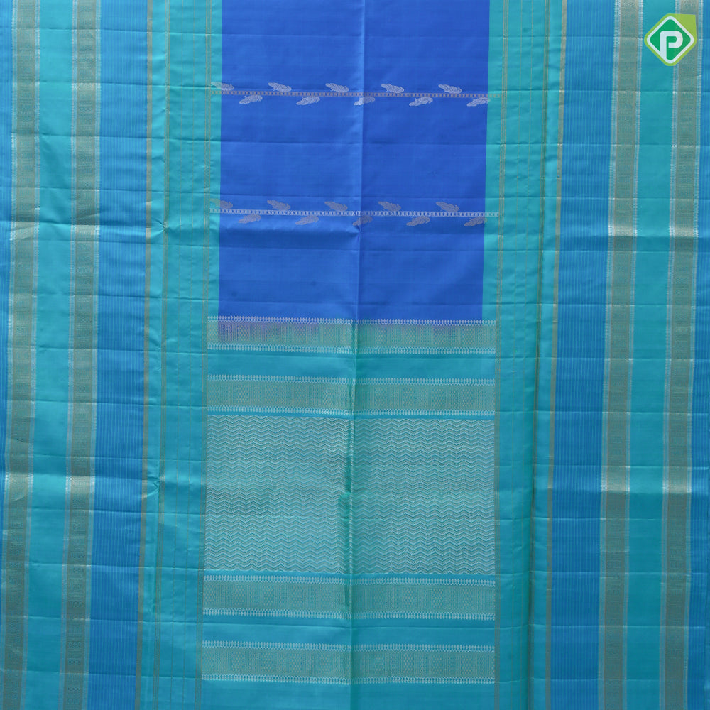 peacock blue silver gold zari bird on ladder design peacock green gold zari lines border soft silk saree