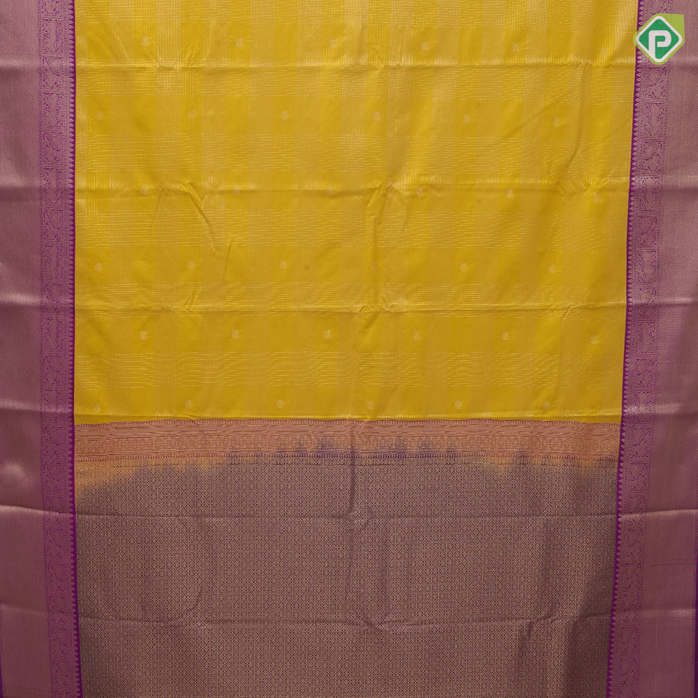 Mustard yellow gold zari vairaoosi checkered butaa purple gold zari peacock yaali border art silk saree