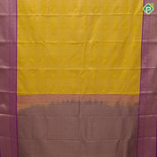 Mustard yellow gold zari vairaoosi checkered butaa purple gold zari peacock yaali border art silk saree