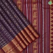 Mulberry color silver and gold zari checks and butta red gold zari kamadhenu butta border Kora silk saree