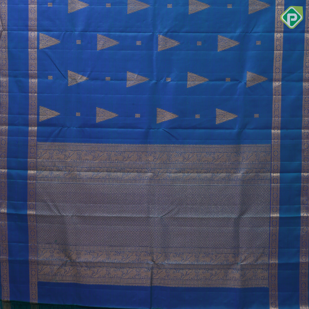 Peacock blue gold zari fancy tower butta self gold zari rettapet border traditional silk saree