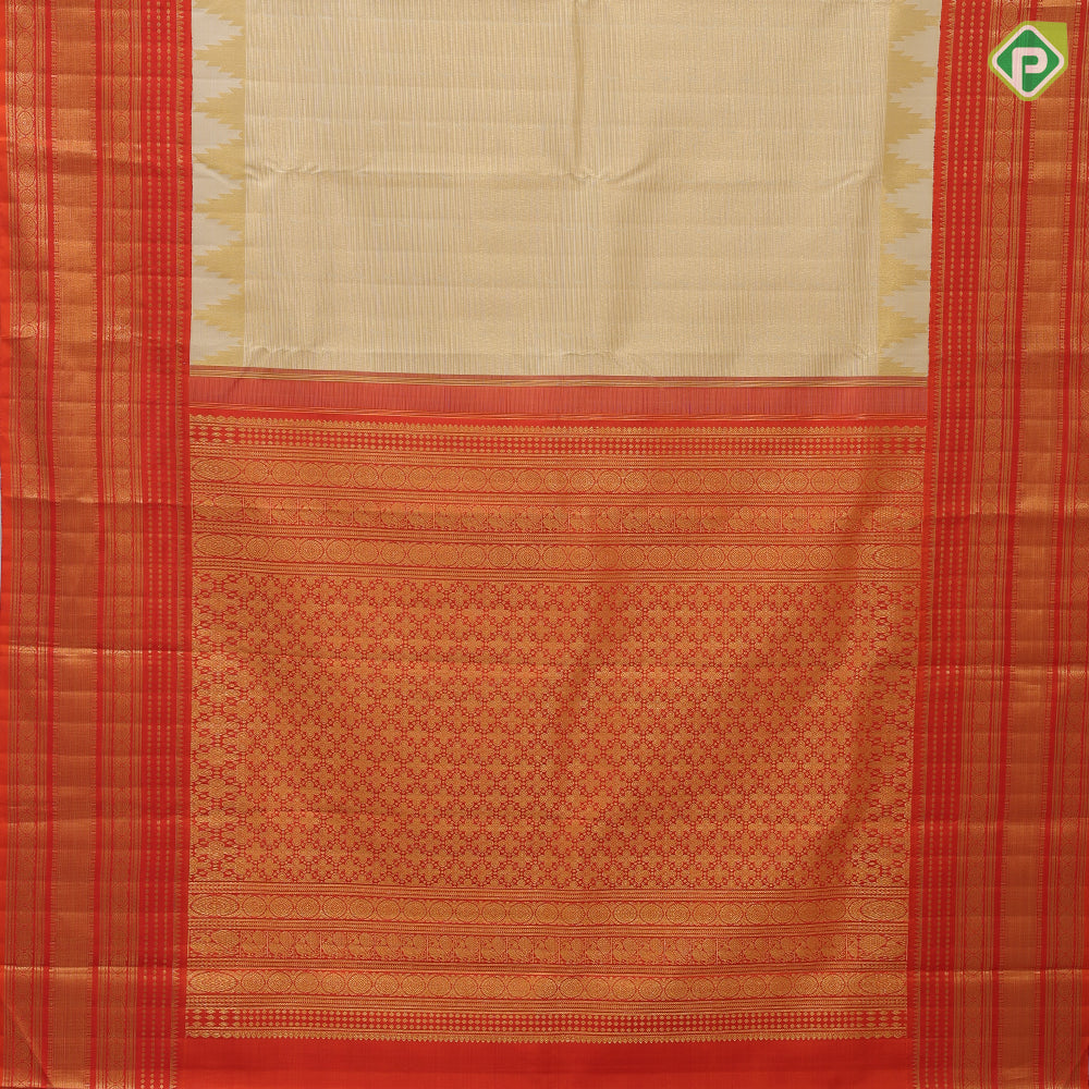 creamy gold gold zari fancy tissue temple design orangish red gold zari multi lines border traditional vintage silk saree