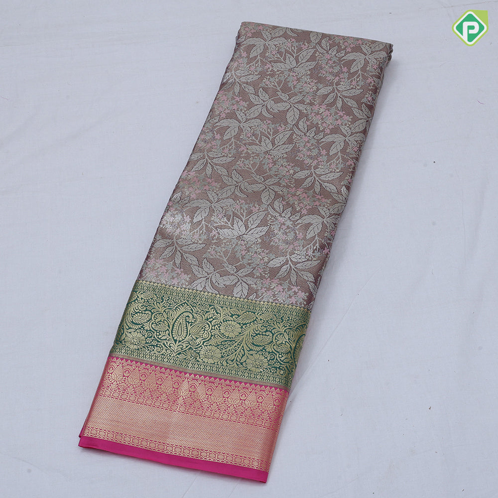 Pista green silver zari and multi color floral design contrast double color center border tissue art silk saree