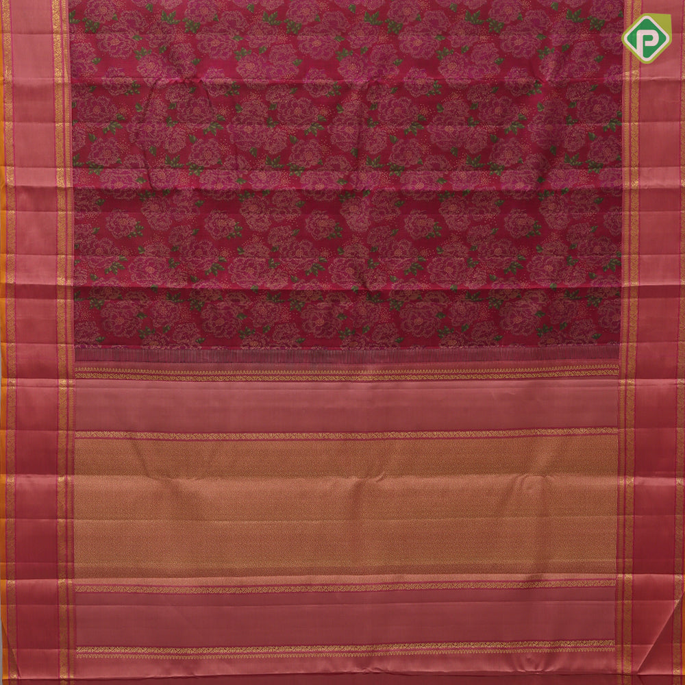 Rani Pink Gold Zari Flower Design Peach Floral Border Design Grand Silk Saree