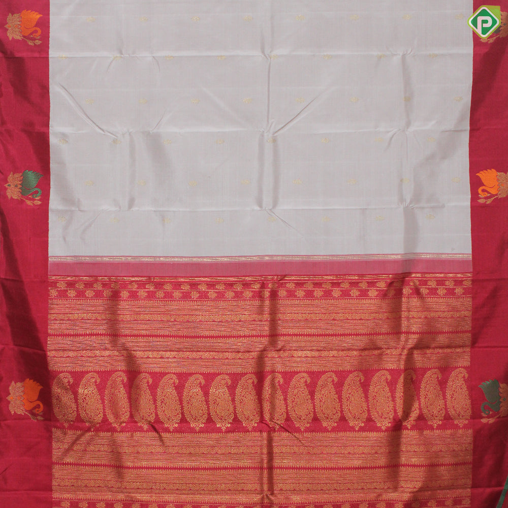 Peach Cream Gold Zari Motif With Tomato Red Meena Work Border Traditional Silk Saree