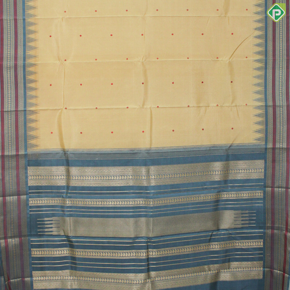 Sandal Wood Color Small Motif With Gray Color Thread Work And Temple Design Border Traditional Silk Saree