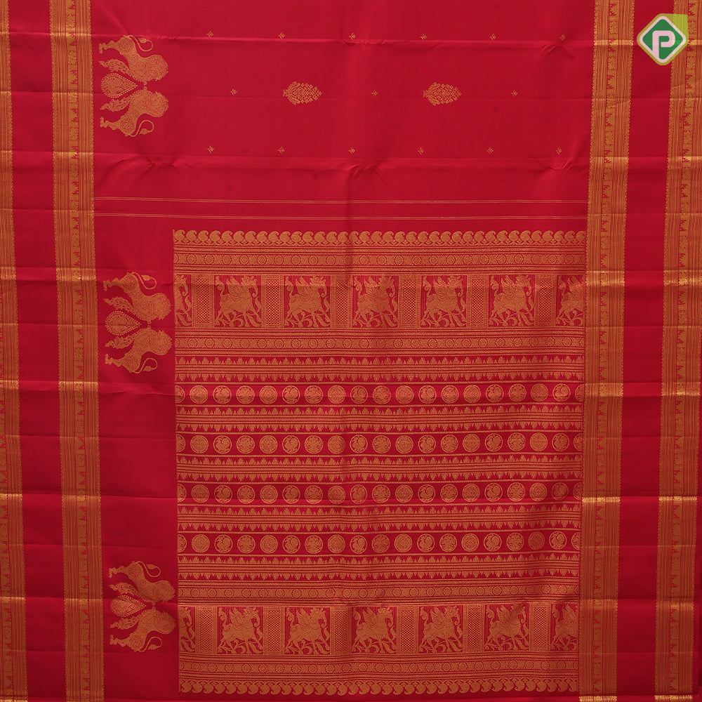 Tomato red gold zari thilagam and double gaja yaali butta self gold zari rettapattai border traditional silk saree