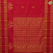 Tomato red gold zari thilagam and double gaja yaali butta self gold zari rettapattai border traditional silk saree