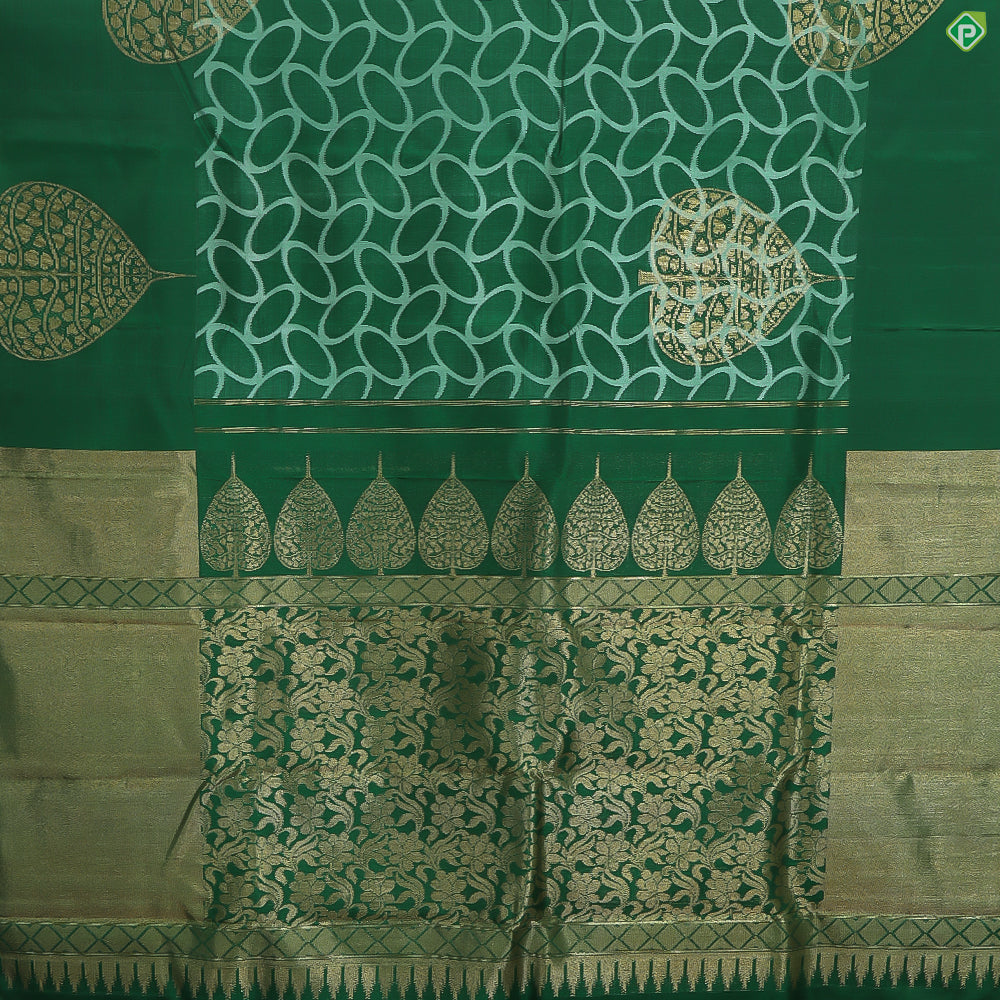 Bottle Green With Half White Rings Gold Zari Big Leaf Butta Motifs Border Trendy Linen Silk Saree
