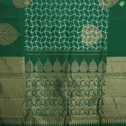 Bottle Green With Half White Rings Gold Zari Big Leaf Butta Motifs Border Trendy Linen Silk Saree