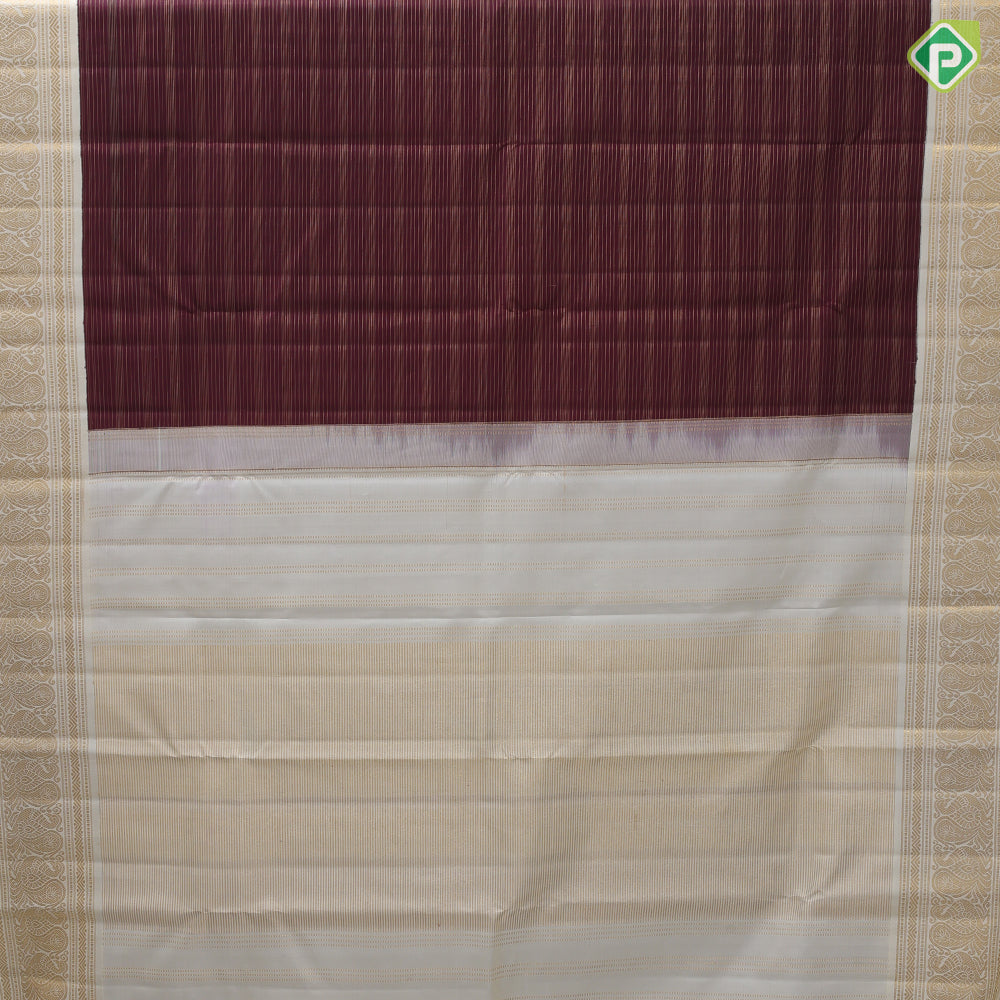 Brownish maroon gold zari vairaoosi lines design contrast milk white gold zari peacock butta border traditional vintage silk saree