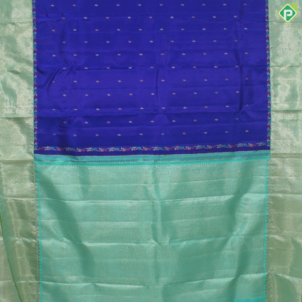 Ink Blue Gold Zari Small Motif With Olive Green Gold And Silver Zari Tissue Border Trendy Silk Saree