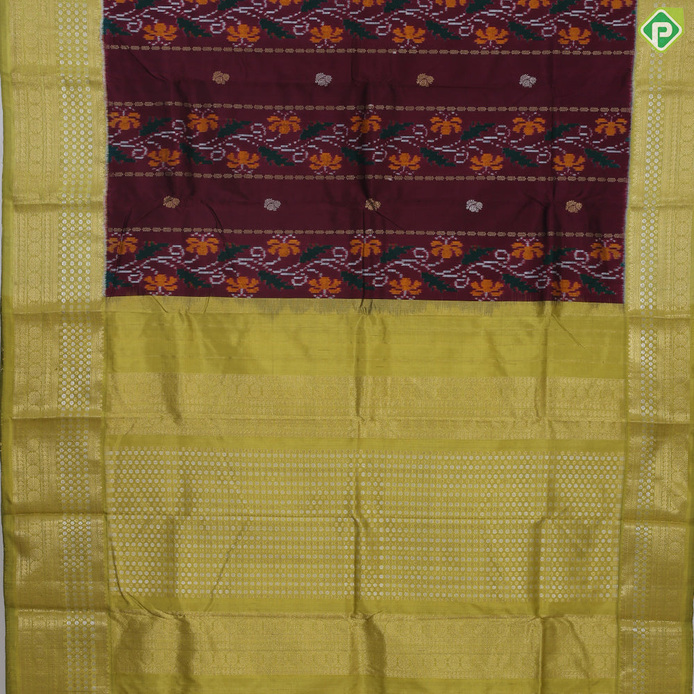 Wine maroon gold zari stripes ikkat design contrast kelly green silver gold zari flower butta border ikkat silk saree