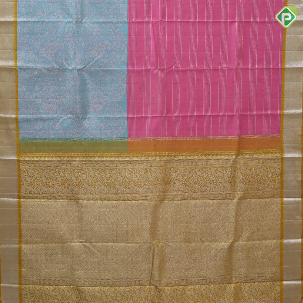 Bubblegum Pink Rexsona Green Silver Zari Peacock Lines Design Mustard Bavanji Border Design Trending Fancy Silk Saree