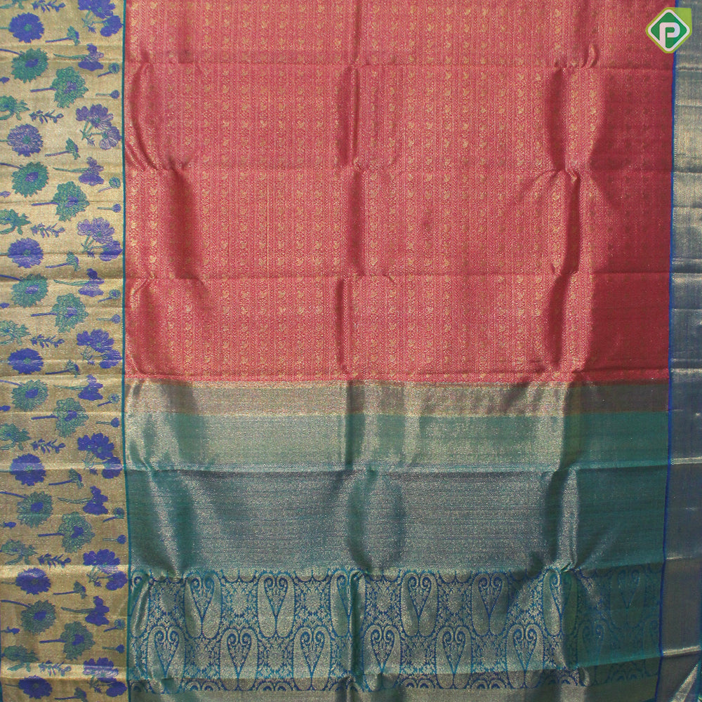 Rani Pink Gold Zari Self Designed Lines Peacock Blue Meena Work Border Grand Bridal Silk Saree