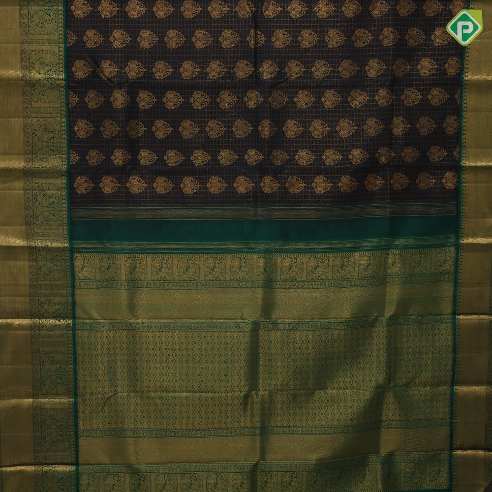 Black Colour Gold Zari Small Checked Thilagam Butta Design Green Colour Peacock Chagaram Border Design Luxury Black Silk Saree