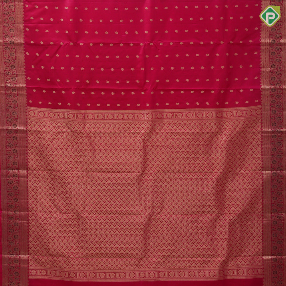 Rani pink gold zari rose peacock butta design self gold zari meena work border traditional silk saree
