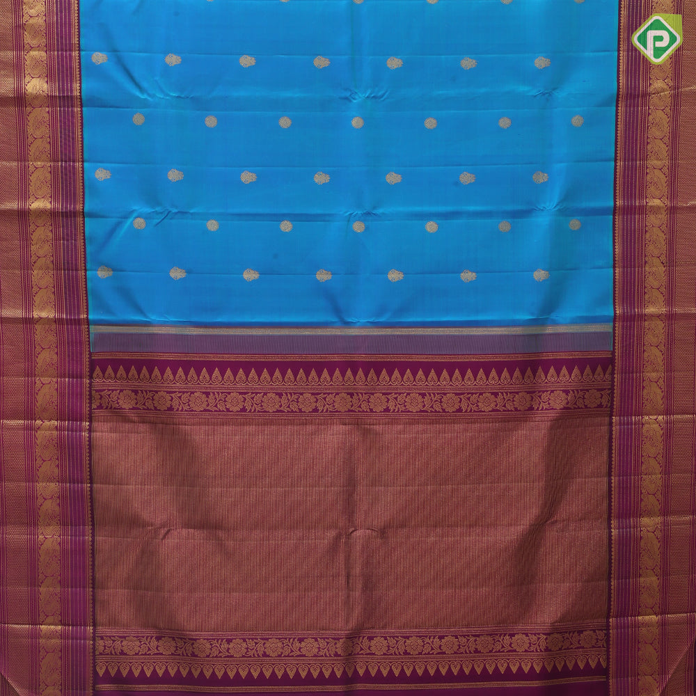 Peacock Blue Gold Zari Gandaberunda Chagaram Butta Design Magenta Peacock Mayilkan Border Design Traditional Silk Saree