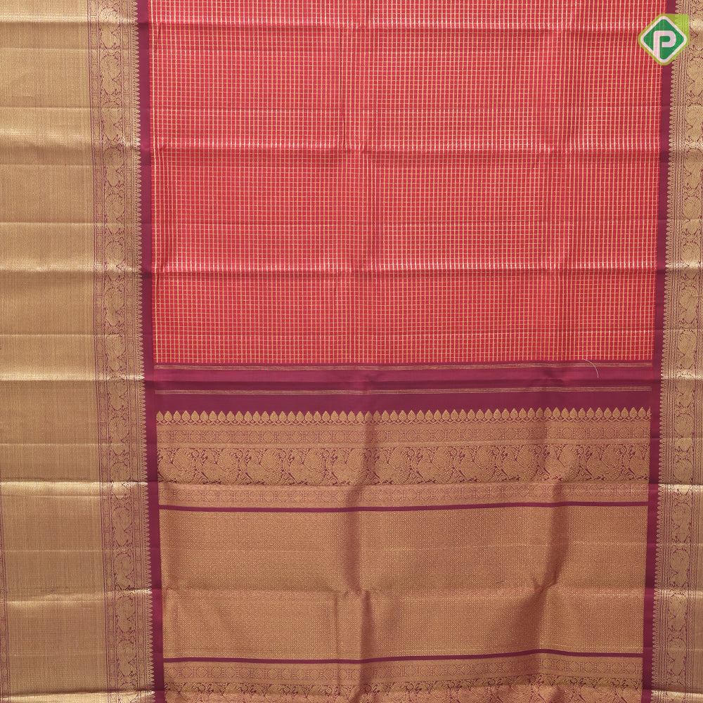 Maroon gold zari vairaoosi checks window panel design self gold zari diamond butta border traditional silk saree