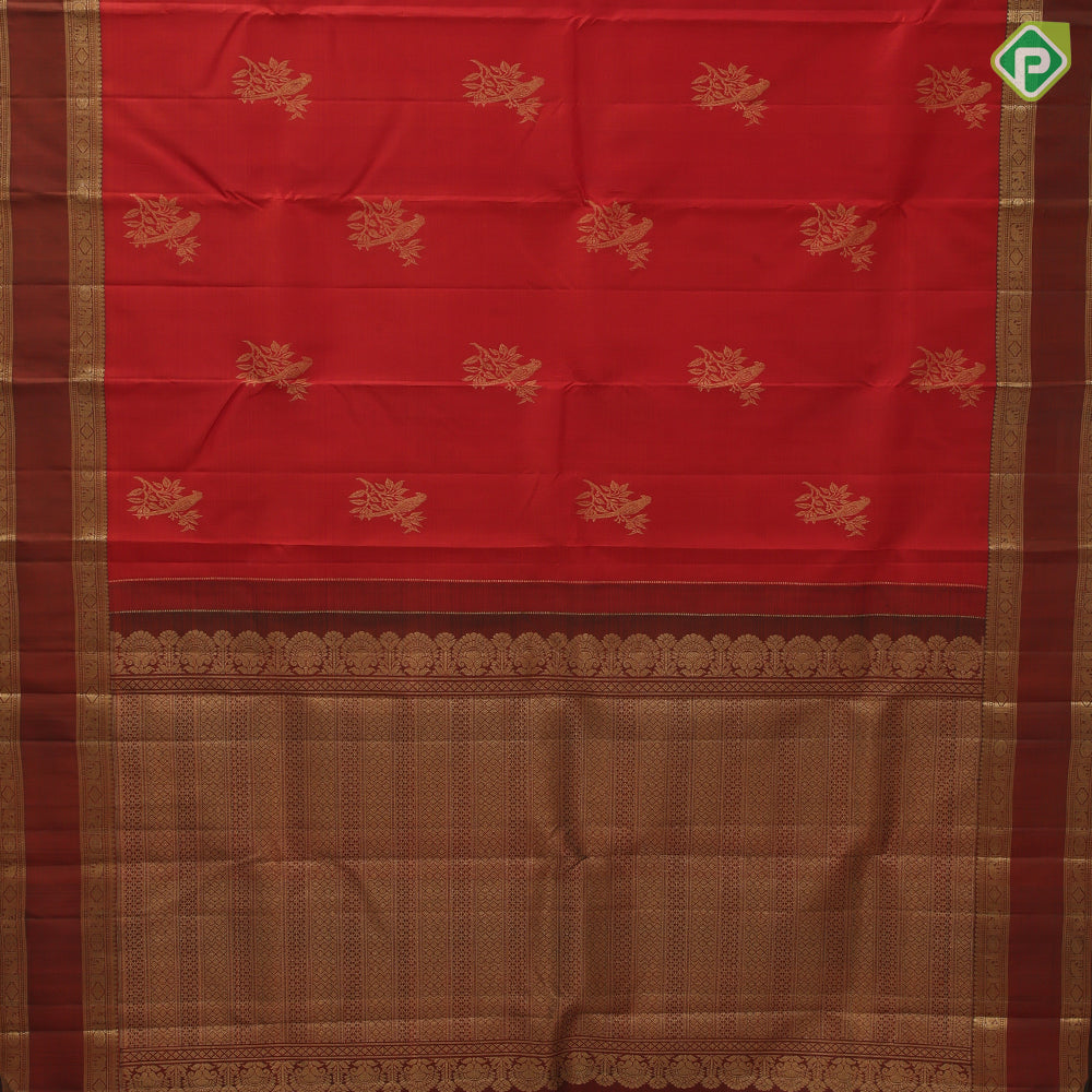 Rust orange gold zari  parrot motif design brown peacock elephant border design traditional silk saree