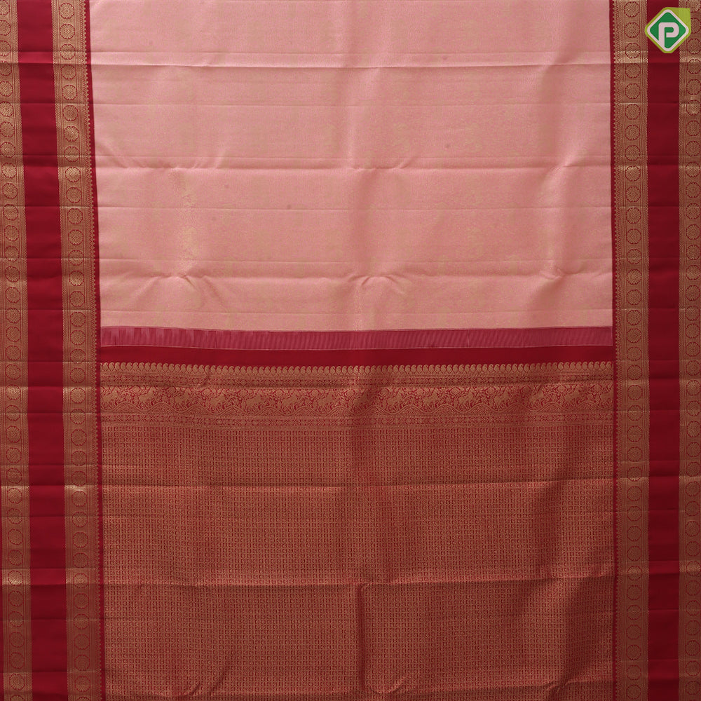 peach pink gold zari grand vanasigaram design rani red round flower butta rettapet border bridal silk saree