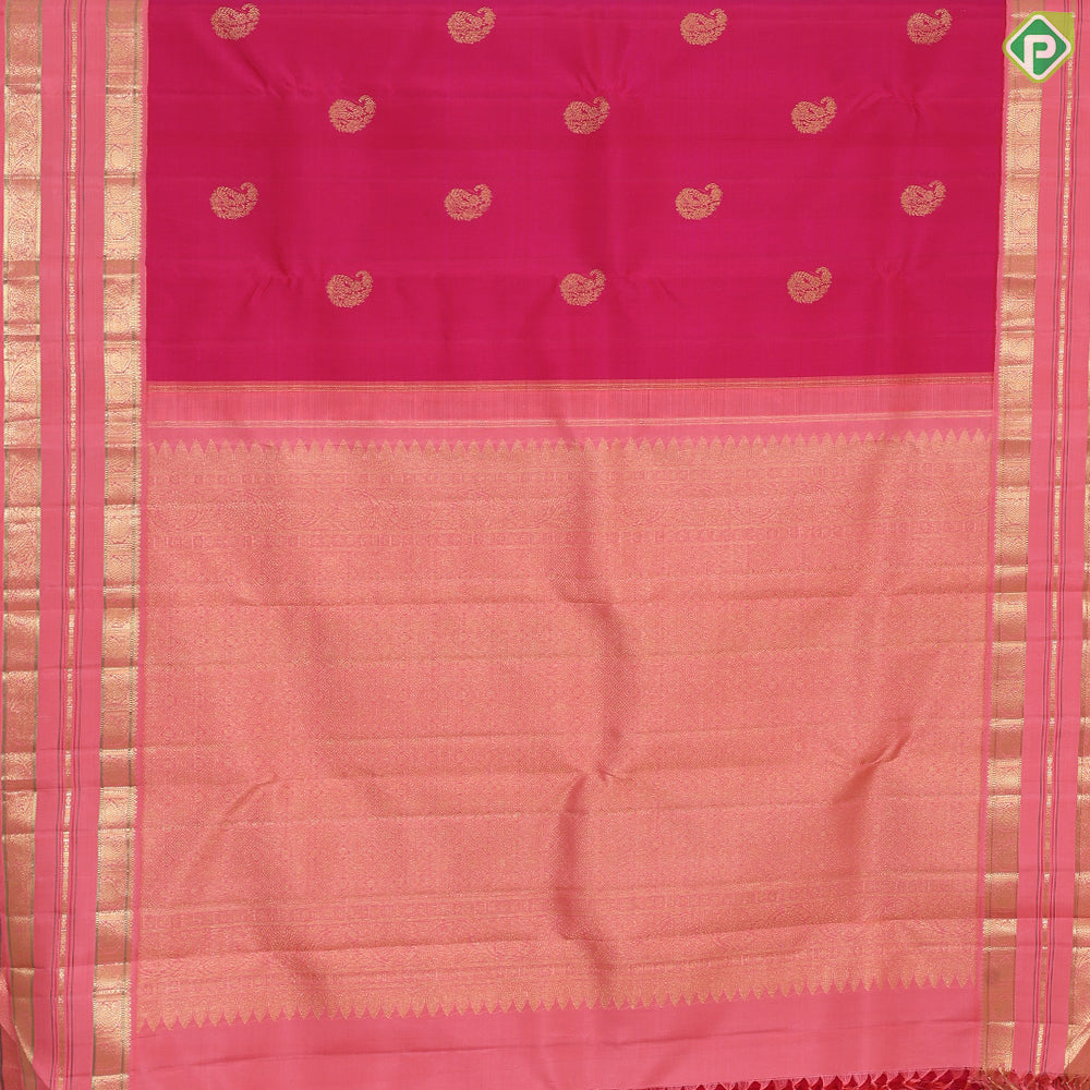 Rani pink gold zari mango butta motifs peach with gold zari silk thread lines border traditional silk saree