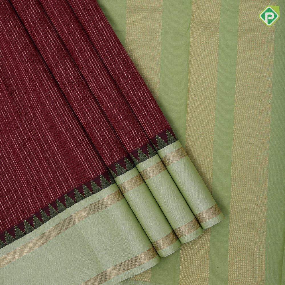 Maroon gold zari double stripes design pista green gold zari rettapet border art silk saree