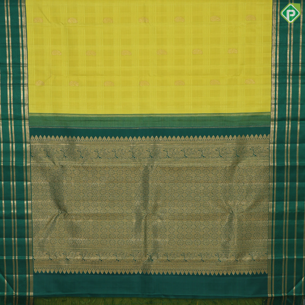 Lemon yellow with mango butta design dark green gold zari multi lines border Traditional silk saree