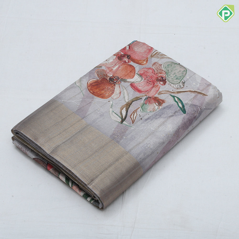 peach flower print and embroidered design gold zari plain border fancy cotton saree