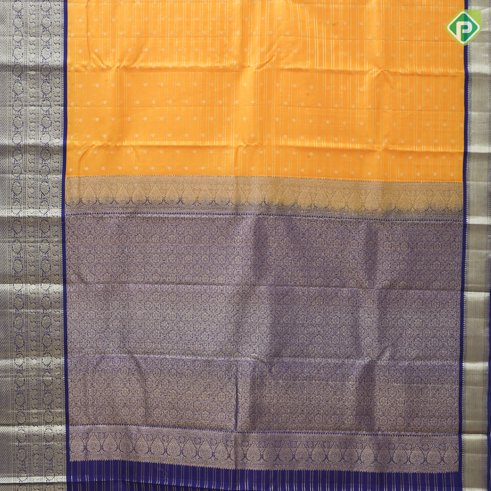 Corn yellow gold zari double lines mid dots design royal blue gold zari rangoli border traditional silks saree