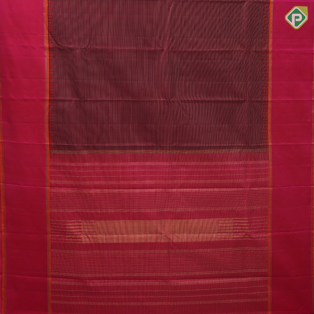 Maroon gold zari vairaoosi lines design rani pink orange and gold zari padded temple border traditional silk saree
