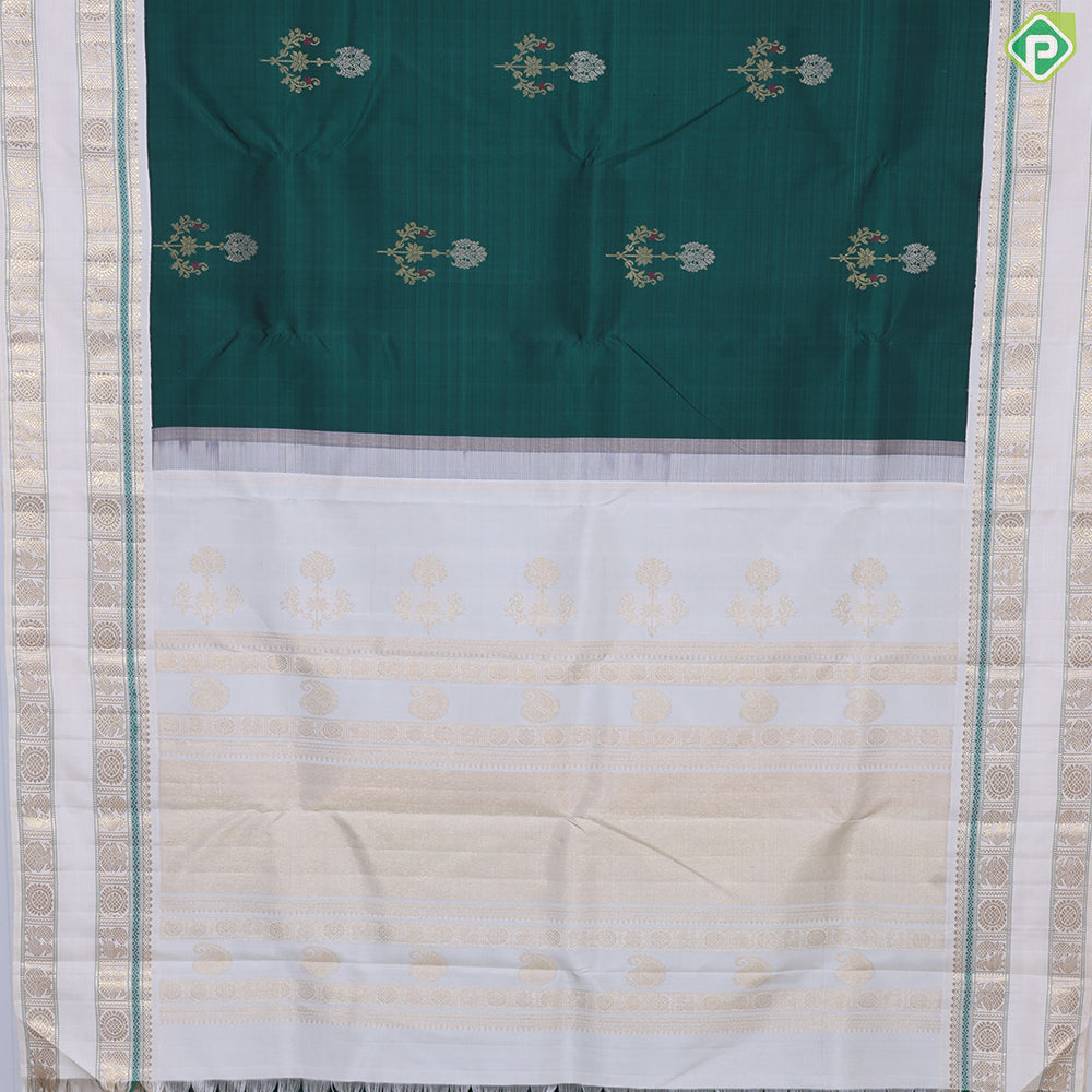 Bottle Green Gold Zari Big Flower Butta Design Contrast Cream White Rettapet Border Traditional Silk saree