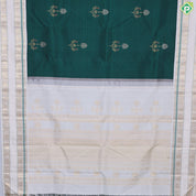 Bottle Green Gold Zari Big Flower Butta Design Contrast Cream White Rettapet Border Traditional Silk saree