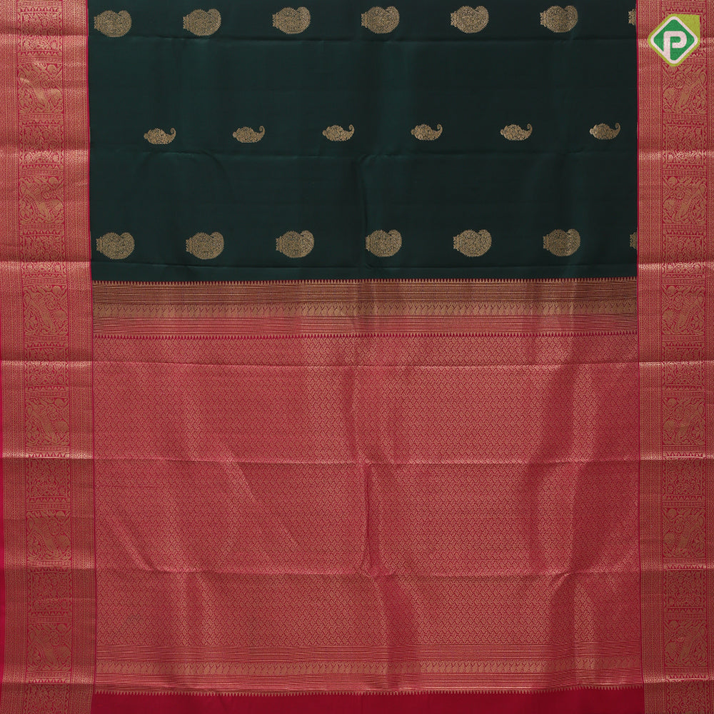 Bottle Green Gold Zari Manga Butta Design Rani Pink Mayilkan Horse Border Design Traditional Silk Saree
