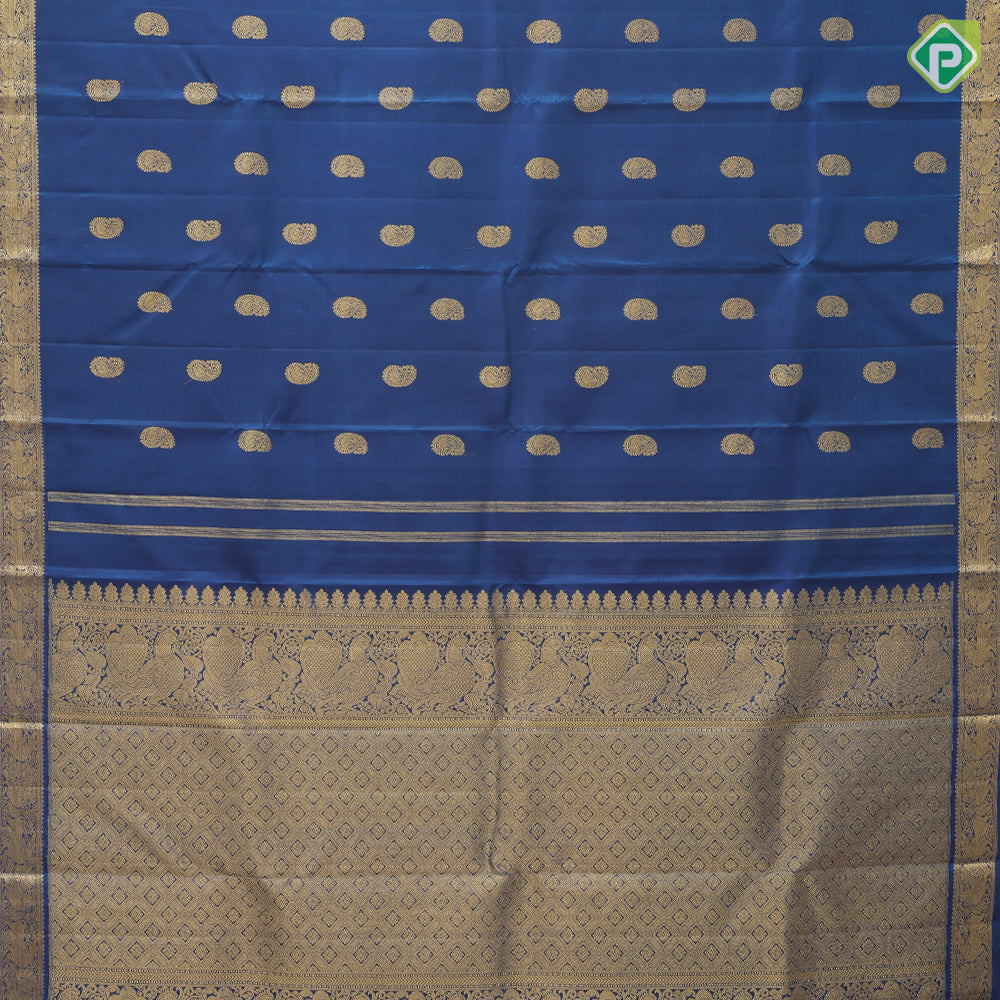 Peacock blue gold zari fancy round butta design contrast sandal gold zari peacock butta border traditional silk saree
