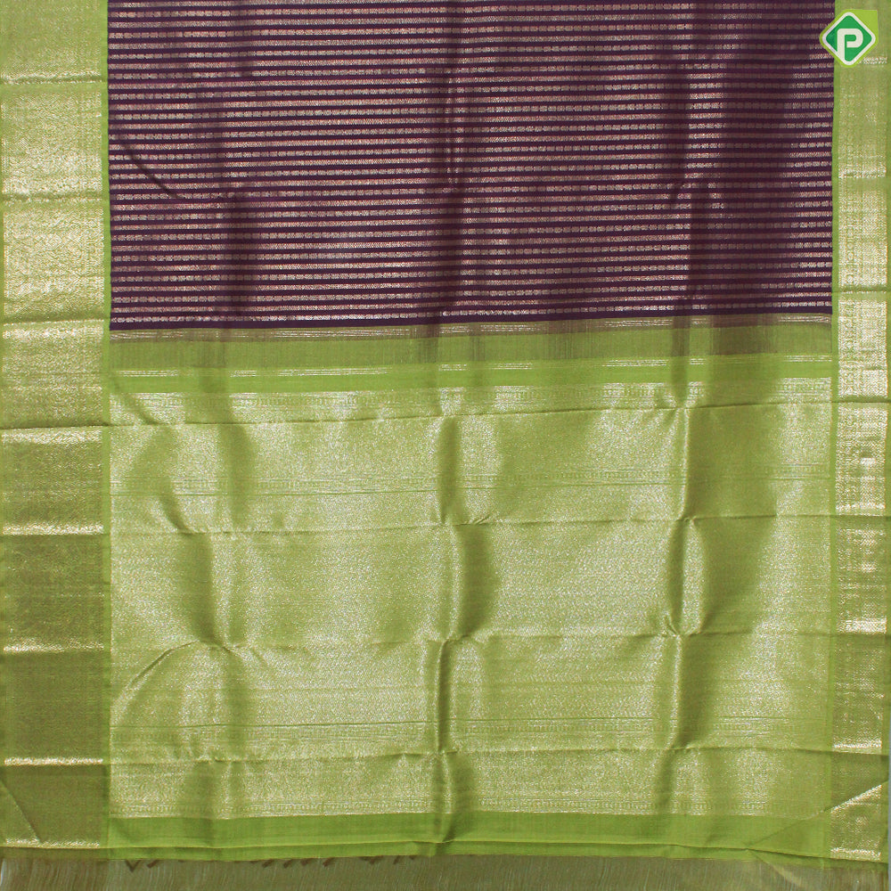 Purple With Gold Zari Stripes Contrast Green Border Traditional Silk Saree