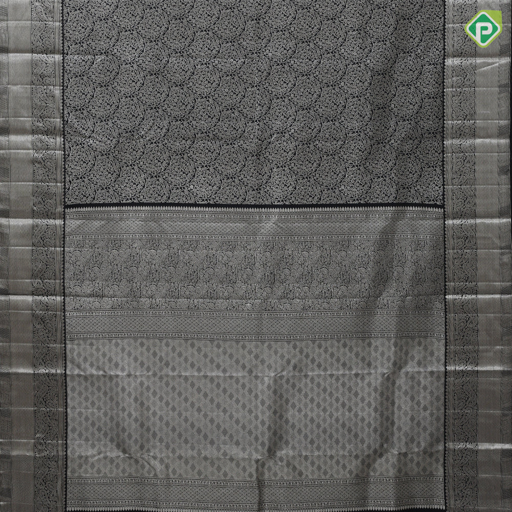 Black Colour Grand Silver Zari Floral Design Self Colour Mango Design Border Luxury Black Silk Saree