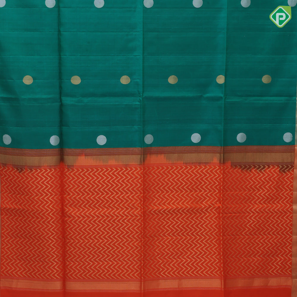 Emarald green silver gold zari round dots self gold zari border contrast orange pallu soft silk saree