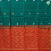 Emarald green silver gold zari round dots self gold zari border contrast orange pallu soft silk saree