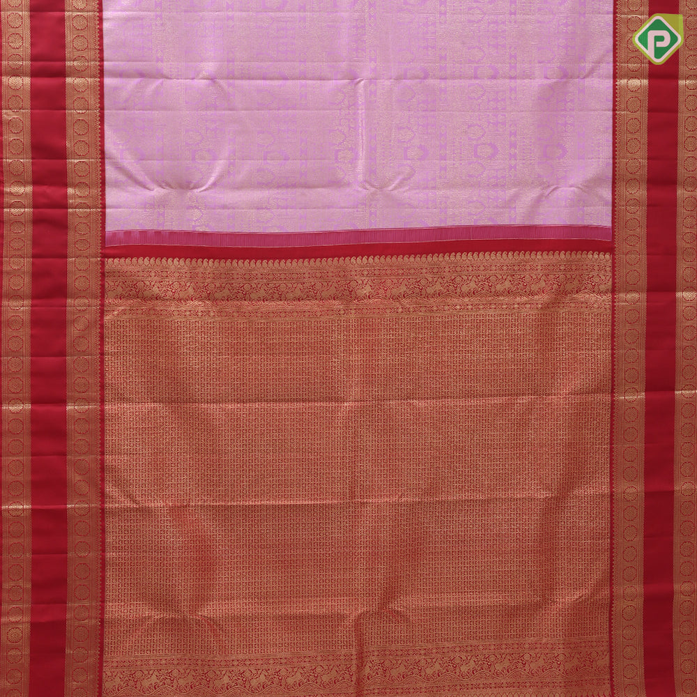 Baby pink gold zari grand design contrast red gold zari double line border bridal silk saree