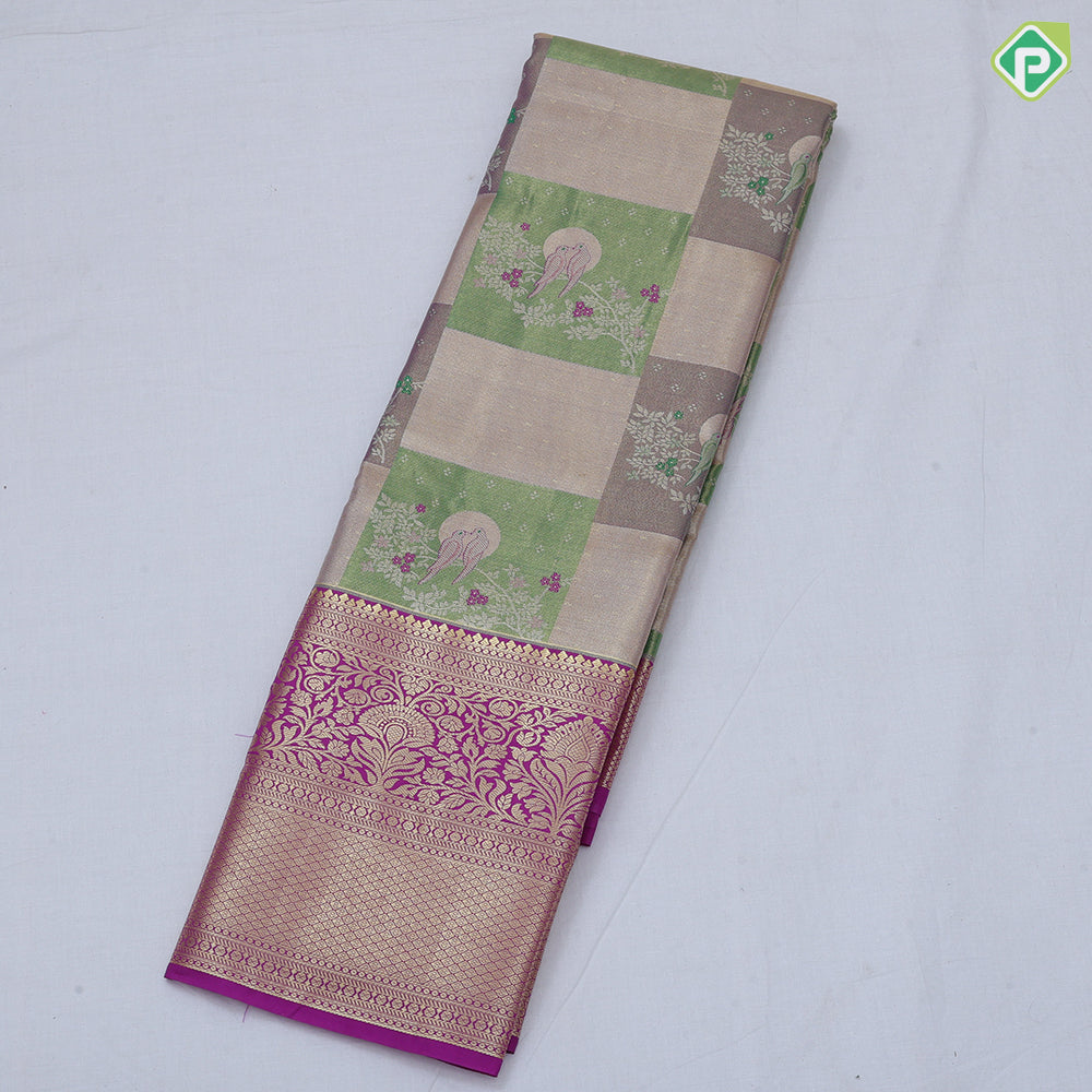 Orange base multi color double sparrow design rani pink gold zari grand border tissue art silk saree