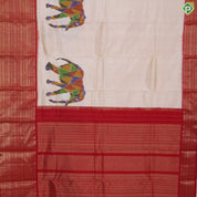 Cream white multicolor elephant ikkat design rani red gold zari multi lines border ikkat silk saree